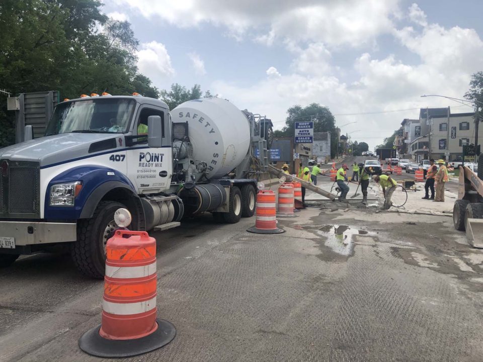 cement truck with workers