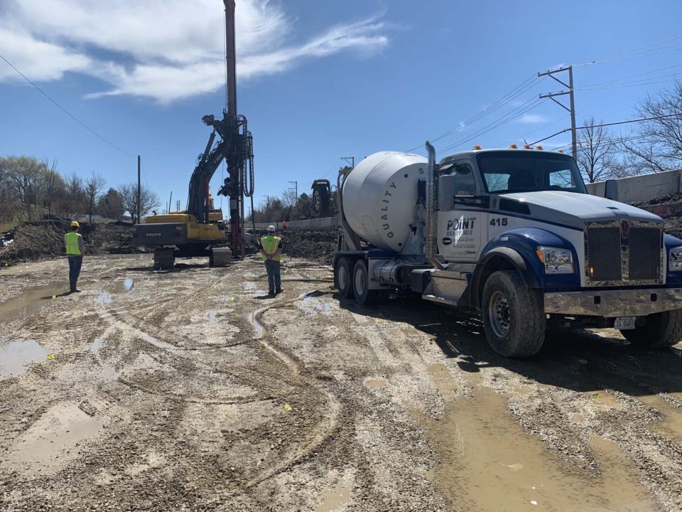 cement truck with workers